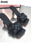 Heels Slippers Women Summer Shoes Slides Low Fashion Heeled Mules Pantofle Luxury High 2023 Basic Retro Fabric Rubber