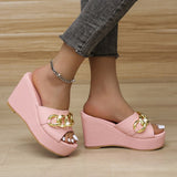 Women Slippers Flip Flop for Ladies Round Head Open Toe Casual Outdoor Female Wedge Chain High Heel 2023 New Large Size