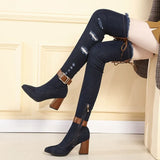 2020 Fashion Women Ripped Cowboy Over The Knee Boots Female Martin Boots Buckle Boots 8CM High-heel Zipper Female