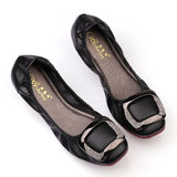 Ballet Flats Shoes Women Fashion Foldable Square Toe Rhinestone Buckle Golden PU Leather Ballerina Shoes Soft
