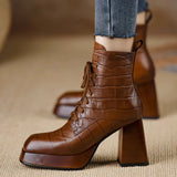 Handmade Women's Shoes 2025 Autumn And Winter New Waterproof Table Head High Heel Short Boots Thick Heel Brown