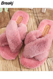 Women Warm Fluffy Slippers Cozy Faux Fur Cross Indoor Floor Slides Flat Soft Furry Ladies Female Celebrities Flip