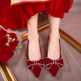 2023 New Crystal Bowknot Wedding Shoes for Women Bride Pointed Toe High Heels Pumps Woman Shallow Mouth Stiletto