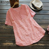 Stylish Summer Embroidery Tops Womens Floral Blouses ZANZEA 2022 Short Sleeve Pleated Blusas Female Button