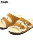 2023 New Fur Inside Cork Slipper Autumn Winter Women Casual Nubuck Leather Outside Men Buckle Soft Plush Slides