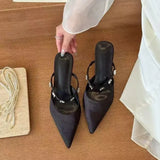Breakj Summer New Fine Heel High Heels Pure Color Flower Pointed Sandals Sweet Sexy Back Empty Slippers