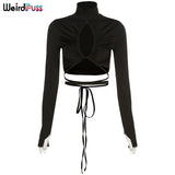 2021 Autumn Women Sexy Hollow Out T-Shirt Drawstring Lace Up Turtleneck Ruched Tops Hot Street Party Clubwear