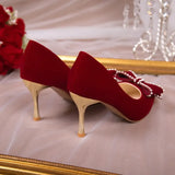 2023 New Crystal Bowknot Wedding Shoes for Women Bride Pointed Toe High Heels Pumps Woman Shallow Mouth Stiletto