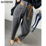 2021 Fashion Belted Harem Jeans Pants Women Vintage Ankle Length Denim Baggy Mom Jean Loose Washed Trousers