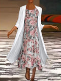 Spring Elegant Dress Suit Retro Printed Round Neck Dress Solid Jacket Two Piece Women 2022 New Fashion Office Long Dress