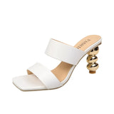 Design Metal Strange High Heels Summer Women Slipper Elegant Square Toe Slip-On Sliders Shoes Ladies Sandals Size