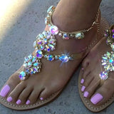 Sandals 2021 Women Shoes Rhinestones Chains Thong Gladiator Flat Sandals Crystal Chaussure Plus Size 42 tenis