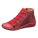 New Women's Casual Flat Leather Retro Lace-up Boots Side Zipper Round Toe Shoe Leather Ankle Boots Zapatos Mujer Wram