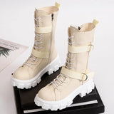 Women Mid-Calf Boots Autumn Winter Punk PU Leather Boots Women Zipper Cross-tied Riding Boots High Heels Stretch