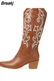 Women's Western Boots 2023 Autumn Winter Fashion Chunky Heeled Cowboy Boots Vintage Style Country Western Cowgirl White