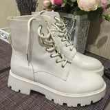 Women Genuine Leather Motorcycle Boots Round Toe Lace Up Shoes Thick Med Heel Ladies Ankle Boots 2021 Autumn Winter