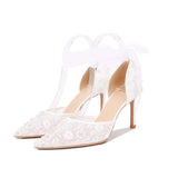 Woman Shoe Summer High Heels Navy Blue Pumps Lace-Up Hollow 2023 Sweet Pointed Wedge Burgundy Beige Orange Bridal Low