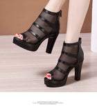 2022 Peep Toe Sandal Boots Mesh Summer Heels Women's High Heeled Platform Shoes Hollow Out Square Heel Back Zip
