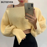 2020 New Autumn Winter Patchwork Short Sweaters Casual O-neck Lantern Sleeve Loose Warm Female Knitted Tops