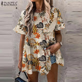 Bohemian Lace Patchwork Tops Women's Summer Blouses ZANZEA 2022 Casual Short Sleeve Blusa Female Hollow Peplum