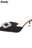 Female 2023 High Quality Mules Pumps Summer New Square Rhinestone Women Slippers Sexy Pointed Toe Thin Heels Party