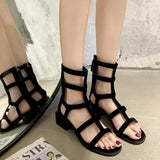Sandals Woman Leather Low-heeled PU Rome Slides Fabric Hoof Heels Rubber Low Sandals Woman Leather Low-heeled Slides