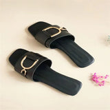 Breakj Color Large Square Head Metal Buckle Fluorescent Flat-Bottomed Slippers Women's Shoes Fashion