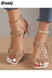 Women Sandals 2023 Summer Crystal Flower Decoration Chunky Heel Peep Toe Back Strap Elastic Band Elegant Fashion Women's