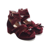 JK Fairy Lolita Shoes Flock Gold Velvet Bow Platform Mary Jane Cross Strap Pumps Gladiator Cosplay Party Red Green