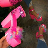 Breakj Summer New Thick Heel Sandals Women Feel A Buckle With Fur Fashion Women's