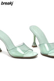 Crystal Heel Slippers Women's Summer New Fashion Wine Glass Heel Square Toe Fashion Sandals Large Size