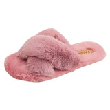 Women Warm Fluffy Slippers Cozy Faux Fur Cross Indoor Floor Slides Flat Soft Furry Ladies Female Celebrities Flip