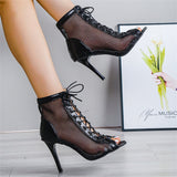 Breakj Cool Boots Fine Heel With Fashion With Net Mesh Fish Mouth High Heel Sandals With Jazz Dance Shoes Women's