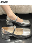 5CM Silver Thick Heels Mary Jane Shoes Women Buckle Strap Square Toe Pumps Woman Med Heele Patent Leather Shoes