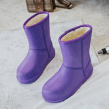 Warm Plush Women Rainboots Solid Outdoor Waterproof Girls Fur Ankle Boots Slip-on EVA Ladies Rain Platform