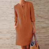 2020 Winter Autumn Button Cotton Linen Dress women Elegant O-Neck Knee length Long Sleeve Pocket Solid Dress Plus