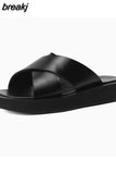 Size 34-40 Women Slippers Real Leather Chunky Heels Platform Shoes For Women Summer Sandals Real Leather Home