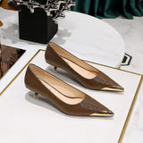 Breakj Retro Banquet Women's Shoes Show Thin Heel Middle Heel Shallow Metal Pointed Iron Head Snake Grain Single
