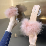 5CM Summer Fluffy Peep Toe Sexy High Heels Women Shoes Fur Feather Lady Fashion Wedding Slip-On Square Toe Women