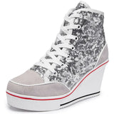 Spring Autumn Women's Shoes Pink Black Silver Glitter Vulcanize Shoes Woman Platform Wedge Sneakers Casual Zapatos De