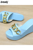 Women Slippers Flip Flop for Ladies Round Head Open Toe Casual Outdoor Female Wedge Chain High Heel 2023 New Large Size