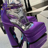 Women High Heel Shoes Platform Sandals Pointed Toe Woman Silk Pumps Sexy Rhinestone Buckle Chunky Heel Wedding Shoes
