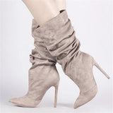 High Boots Pleated Mid Calf High Heel Shoes 2020 Thin Heels Suede Boots Women Pointed Toe Sexy Pumps Party Female