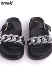 Summer Women Metal Chains Slipper Open Toe Runway Ladies Green Black White Med Heel Slides Shoes Peep Toe