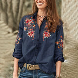 Women's Embroidery Blouse 2022 ZANZEA Elegant Denim Blue Shirts Long Sleeve Chemise Female Button Down Blusa Tunic