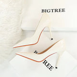 Breakj Bright Face Patent Leather Woven Grain Fine Heel Super High Heel Shallow Mouth Pointed Head Sexy Nightclub Show Thin Female Singles