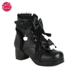 EDEELVEEYS Sweet Bowknot Ruffles Med Heels Shoelace Gothic Lolita Style Ankle Boots Japanese Harajuku Women Shoes Big Size