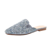 Shoes Mules For Women 2024 Ladies' Slippers Rivet Cover Toe Butterfly-Knot Low Square heel Loafers Flock New Pointed