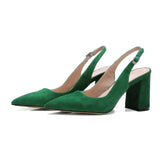 Genuine Leather Slingbacks Shoes Women High Heels Kid Suede Thick Heel Pumps Buckle Pointed Toe Ladies Footwear Size