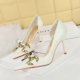 Breakj Banquet High Heels Fine Heel High Heel Shallow Tip Side Hollow Out Metal Diamond Buckle Single Shoes Women's